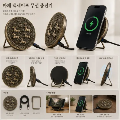 마패 모양의 무선 충전기에 스마트폰이 거치되어 충전 중입니다.