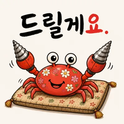 드릴이 달린 게가 꽃무늬 방석 위에 앉아 있습니다.