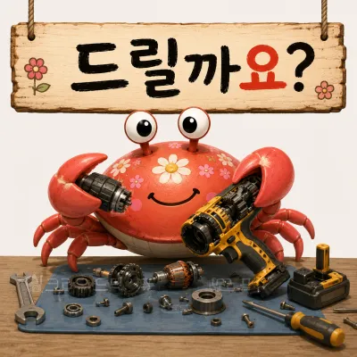 꽃무늬 게 캐릭터가 드릴과 부품을 들고 있습니다.