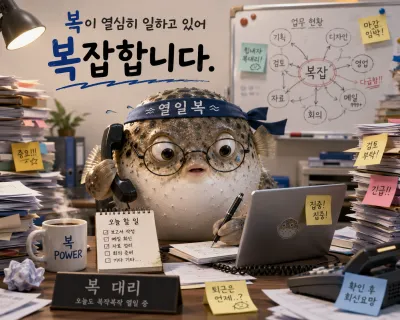 복어 캐릭터가 책상에 앉아 전화 통화하며 업무를 보고 있다.