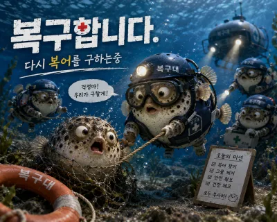 복어 구조대가 그물에 걸린 복어를 구하고 있습니다.