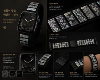 자개로 장식된 시계줄에 전통 문양이 새겨져 있습니다.