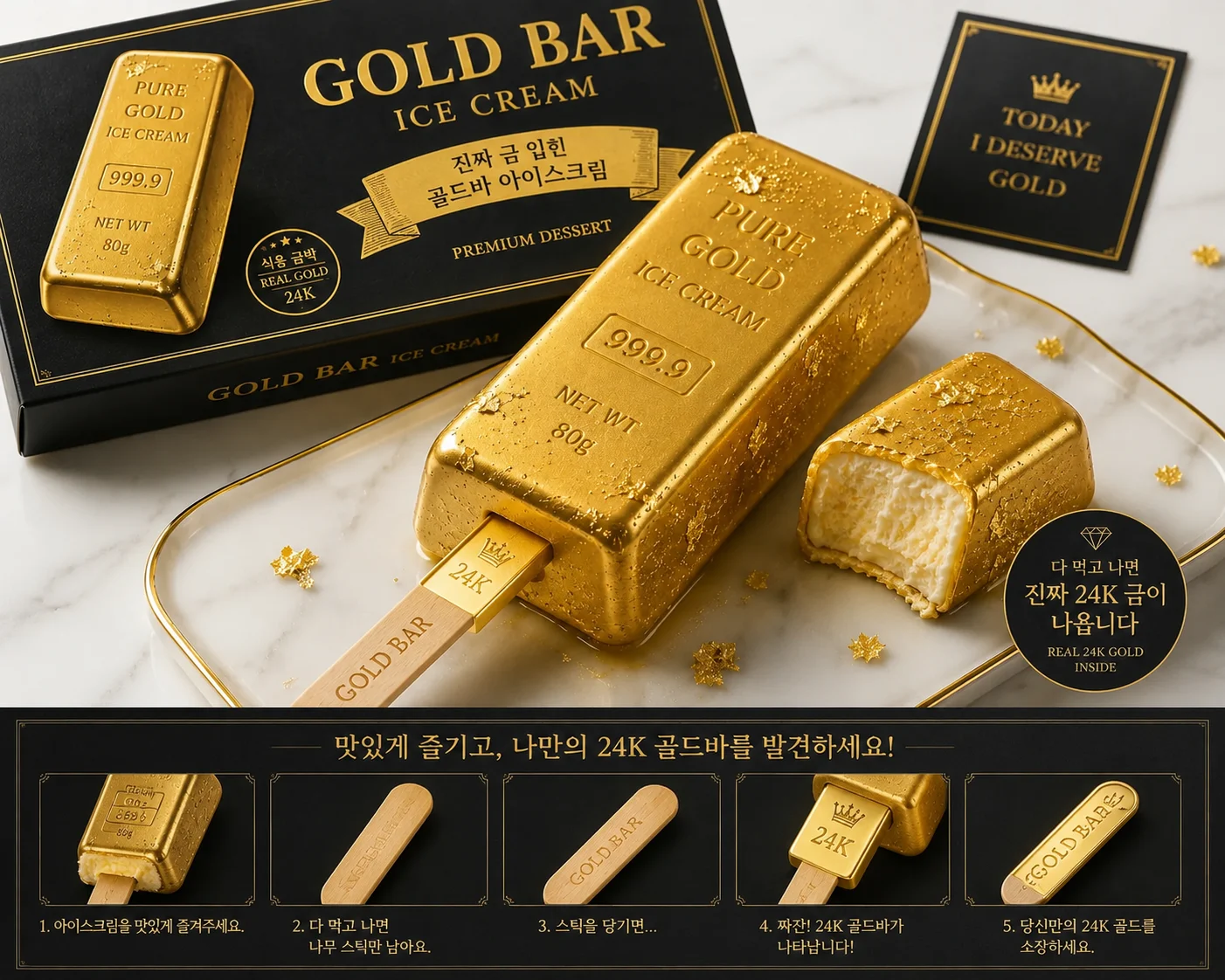 금괴 모양 아이스크림과 나무 손잡이