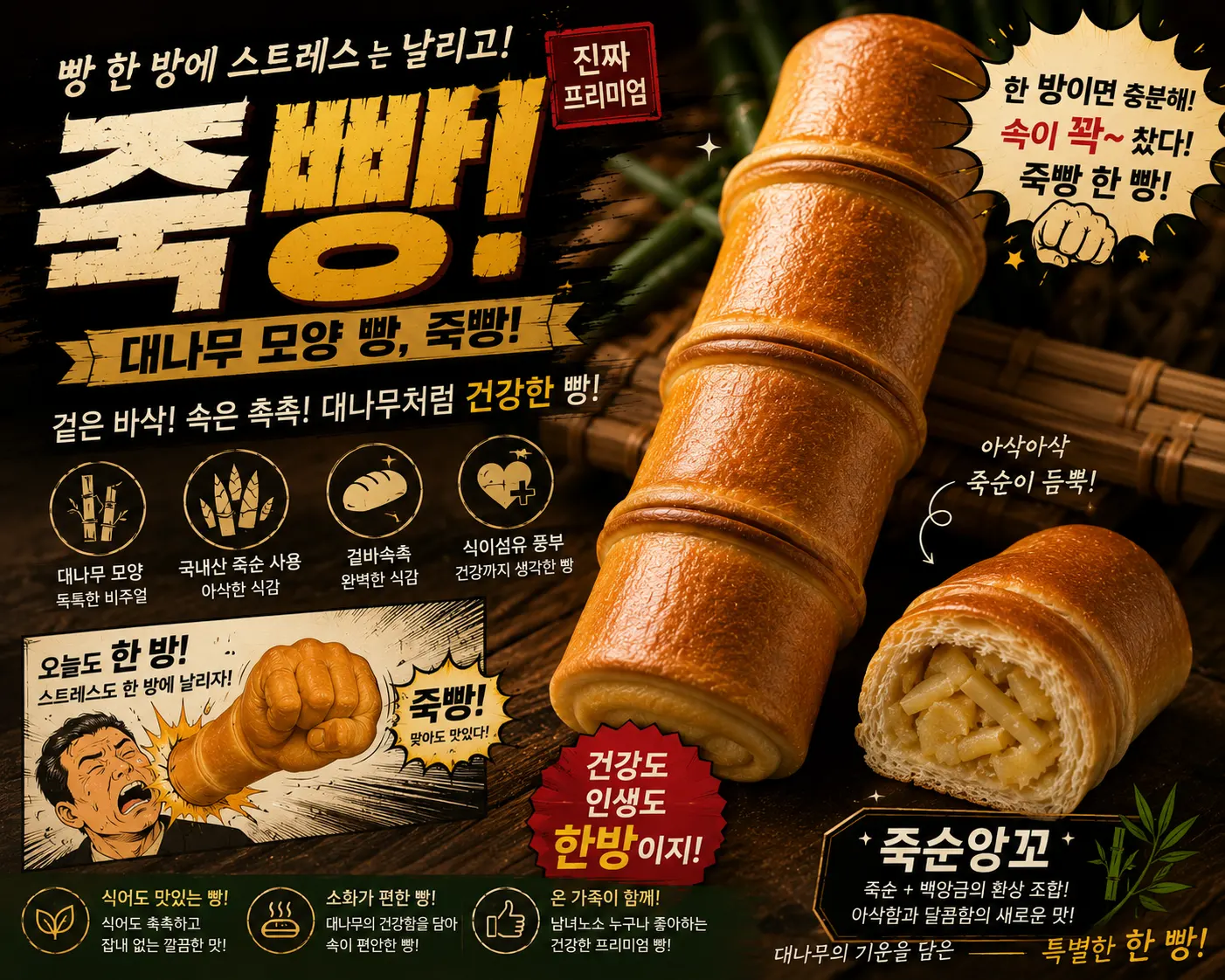 대나무 모양의 빵이 속이 꽉 찬 모습