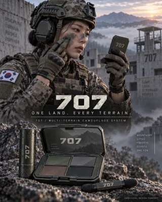 군복을 입은 여성이 위장크림을 바르고 있다.